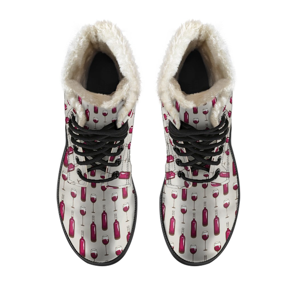 Wine Bottle Pattern Print Faux Fur Leather Boots-JTAMIGO.COM