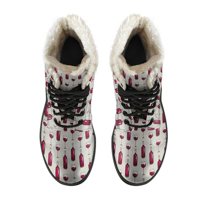 Wine Bottle Pattern Print Faux Fur Leather Boots-JTAMIGO.COM