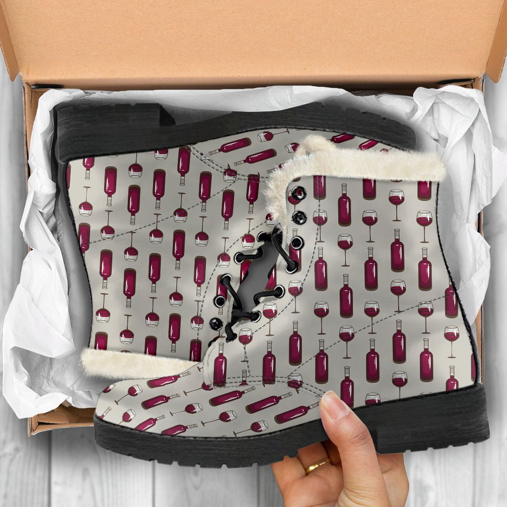 Wine Bottle Pattern Print Faux Fur Leather Boots-JTAMIGO.COM
