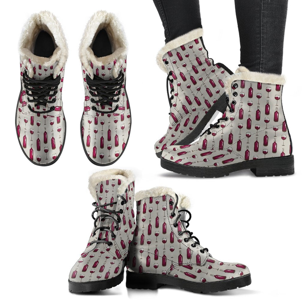 Wine Bottle Pattern Print Faux Fur Leather Boots-JTAMIGO.COM