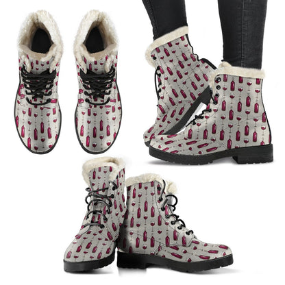Wine Bottle Pattern Print Faux Fur Leather Boots-JTAMIGO.COM