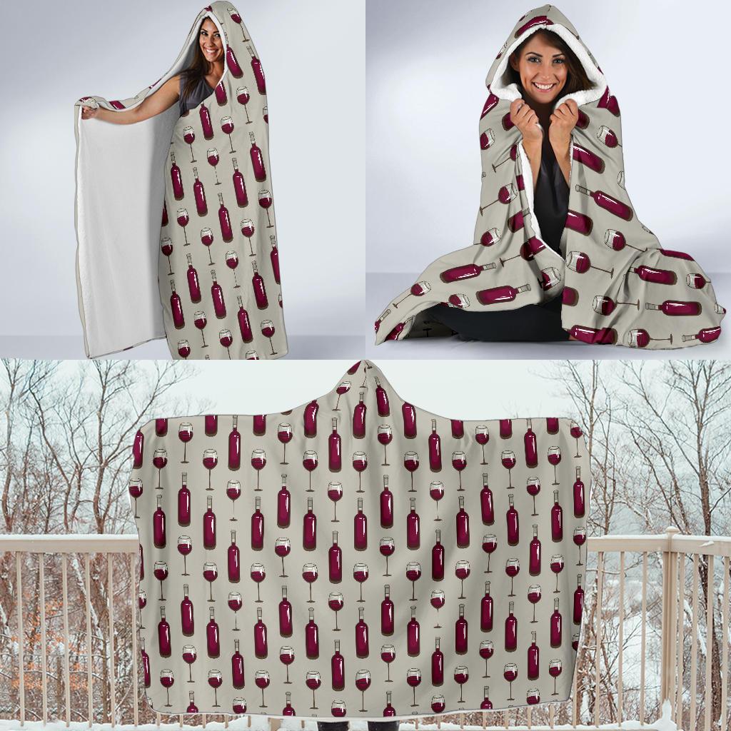 Wine Bottle Pattern Print Hooded Blanket-JTAMIGO.COM