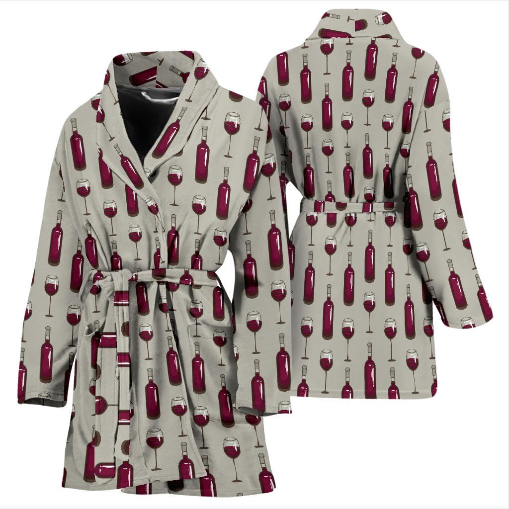 Wine Bottle Pattern Print Women Bath Robe-JTAMIGO.COM