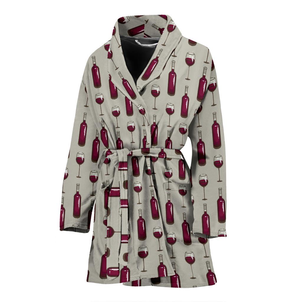 Wine Bottle Pattern Print Women Bath Robe-JTAMIGO.COM