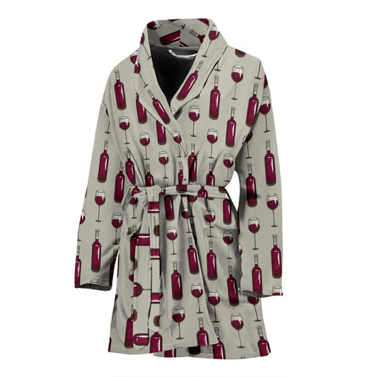Wine Bottle Pattern Print Women Bath Robe-JTAMIGO.COM