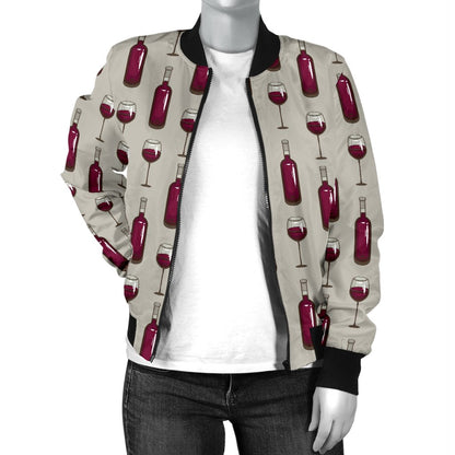 Wine Bottle Pattern Print Women Casual Bomber Jacket