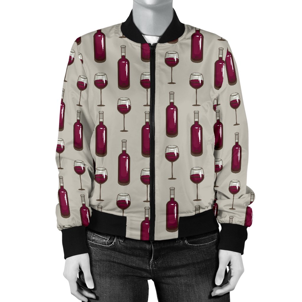Wine Bottle Pattern Print Women Casual Bomber Jacket