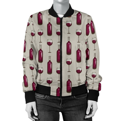 Wine Bottle Pattern Print Women Casual Bomber Jacket