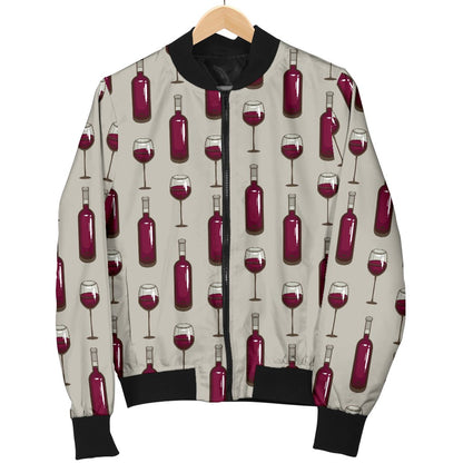 Wine Bottle Pattern Print Women Casual Bomber Jacket