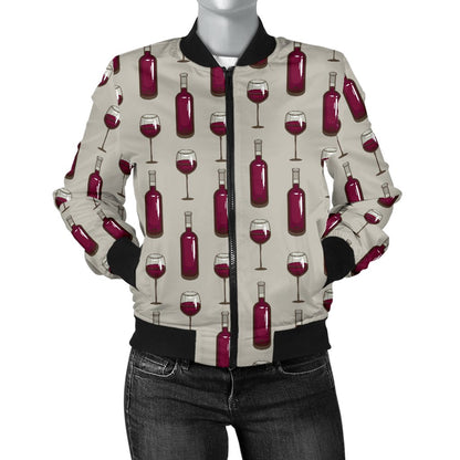 Wine Bottle Pattern Print Women Casual Bomber Jacket