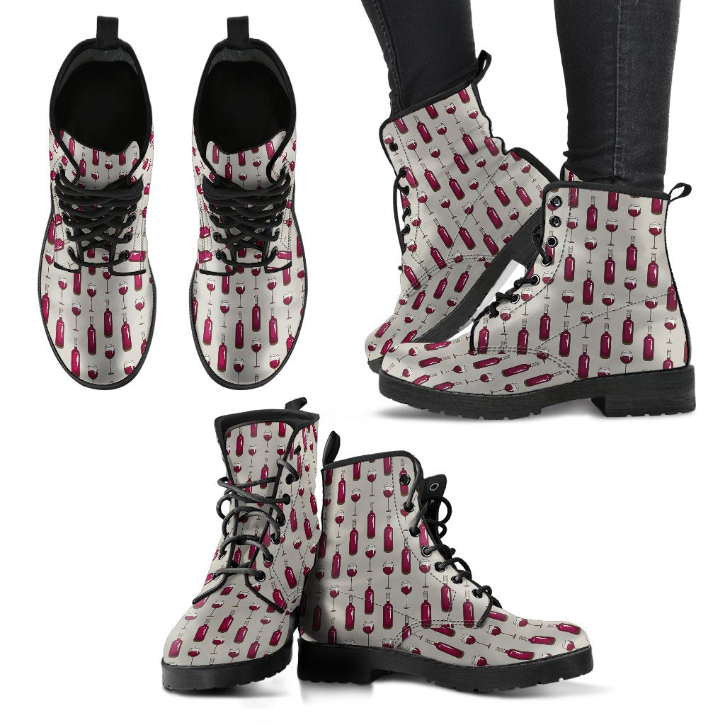 Wine Bottle Pattern Print Women Leather Boots-JTAMIGO.COM