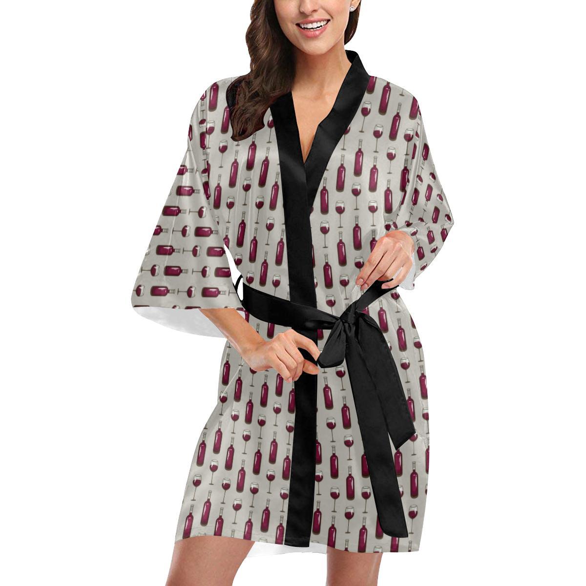 Wine Bottle Pattern Print Women Short Kimono Robe
