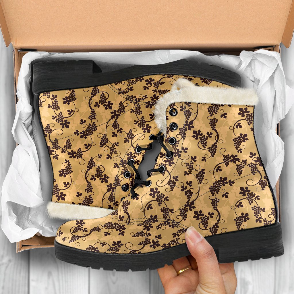 Wine Grape Design Print Faux Fur Leather Boots-JTAMIGO.COM