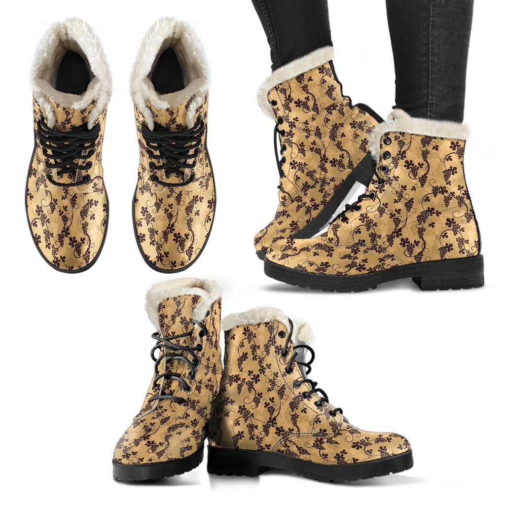 Wine Grape Design Print Faux Fur Leather Boots-JTAMIGO.COM