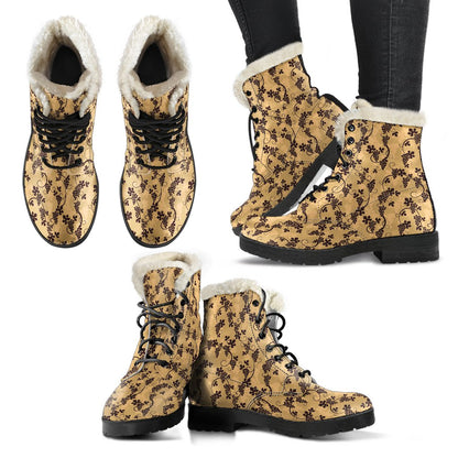 Wine Grape Design Print Faux Fur Leather Boots-JTAMIGO.COM