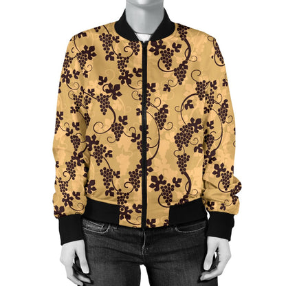 Wine Grape Design Print Women Casual Bomber Jacket