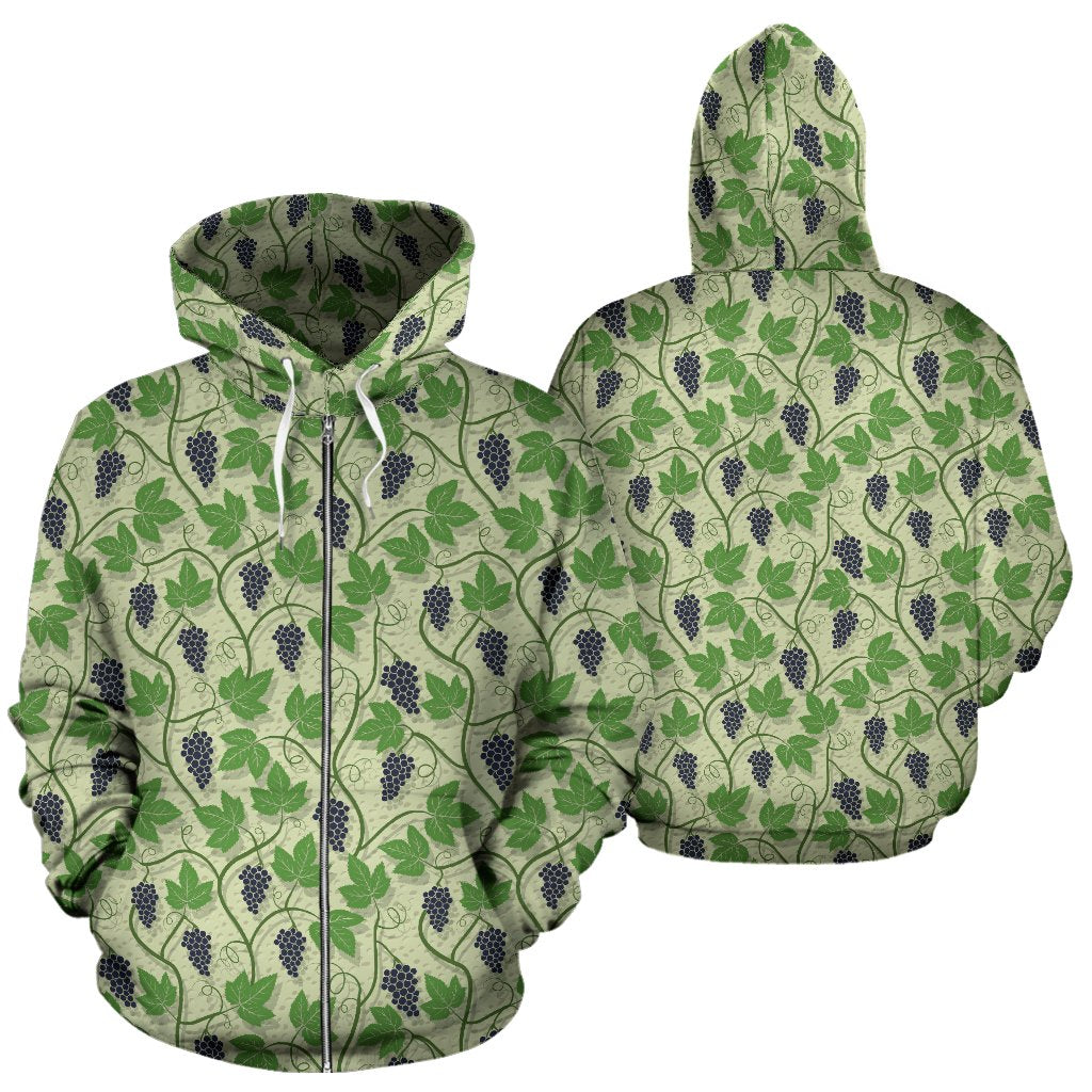 Wine Grape Themed Print Zip Up Hoodie