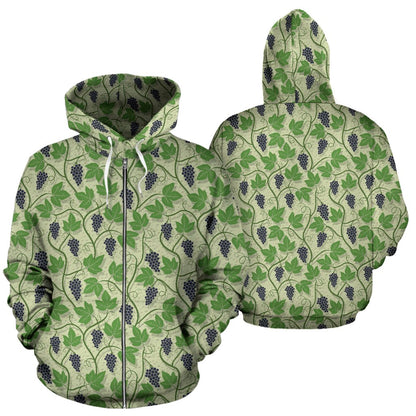 Wine Grape Themed Print Zip Up Hoodie
