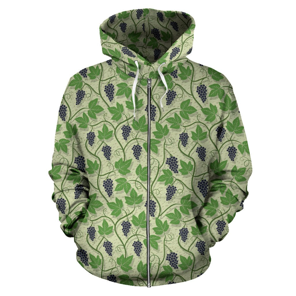 Wine Grape Themed Print Zip Up Hoodie