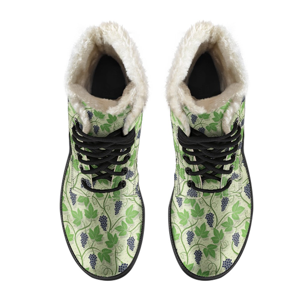 Wine Grape Thmed Print Faux Fur Leather Boots-JTAMIGO.COM