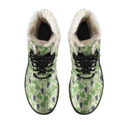 Wine Grape Thmed Print Faux Fur Leather Boots-JTAMIGO.COM