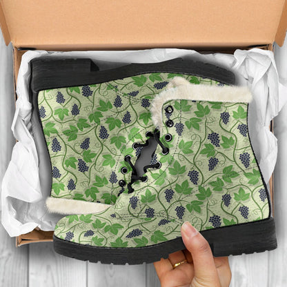 Wine Grape Thmed Print Faux Fur Leather Boots-JTAMIGO.COM