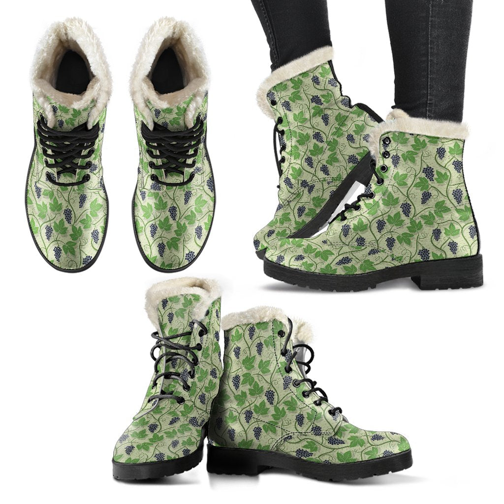 Wine Grape Thmed Print Faux Fur Leather Boots-JTAMIGO.COM