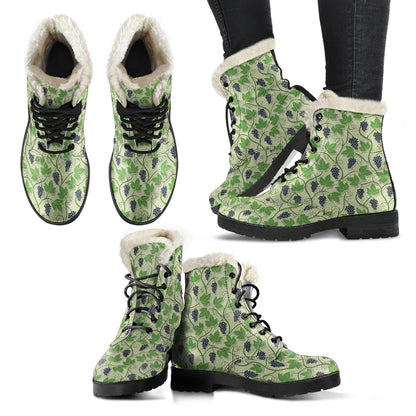 Wine Grape Thmed Print Faux Fur Leather Boots-JTAMIGO.COM