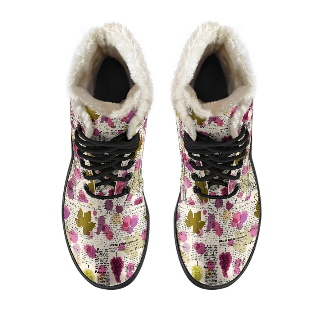 Wine Style Design Print Faux Fur Leather Boots-JTAMIGO.COM