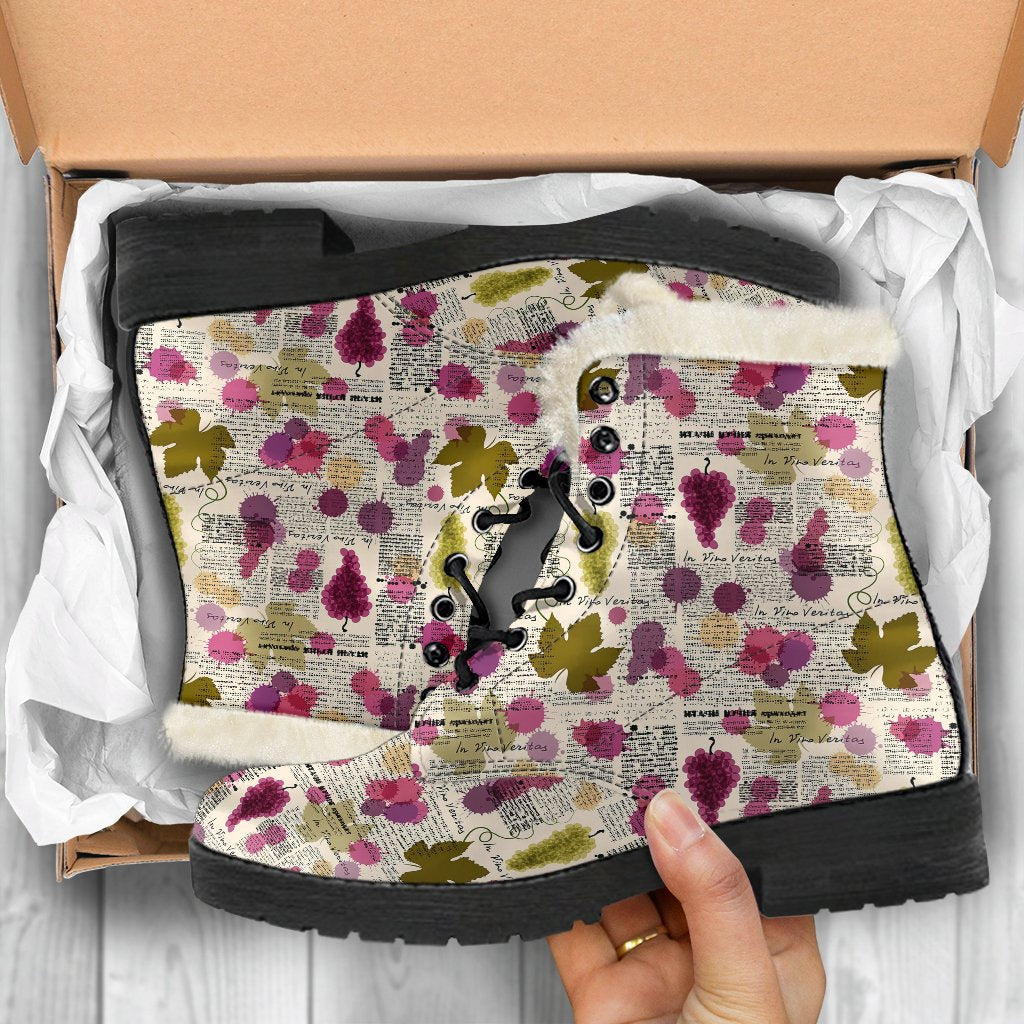 Wine Style Design Print Faux Fur Leather Boots-JTAMIGO.COM