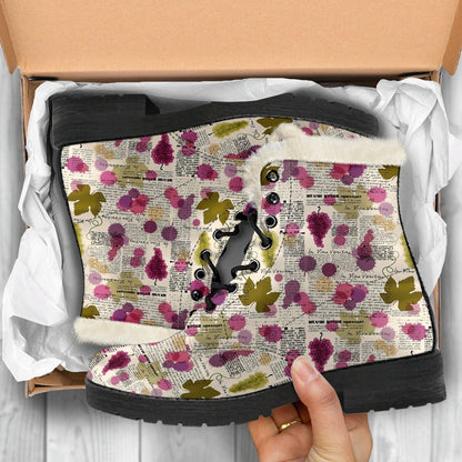 Wine Style Design Print Faux Fur Leather Boots-JTAMIGO.COM
