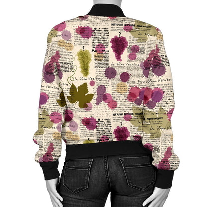 Wine Style Design Print Women Casual Bomber Jacket
