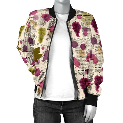 Wine Style Design Print Women Casual Bomber Jacket