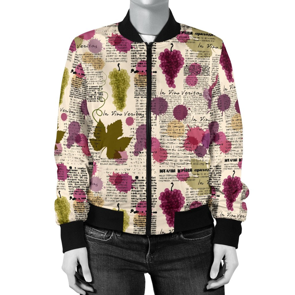 Wine Style Design Print Women Casual Bomber Jacket
