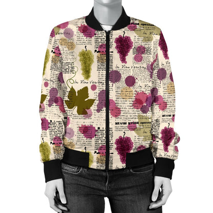 Wine Style Design Print Women Casual Bomber Jacket