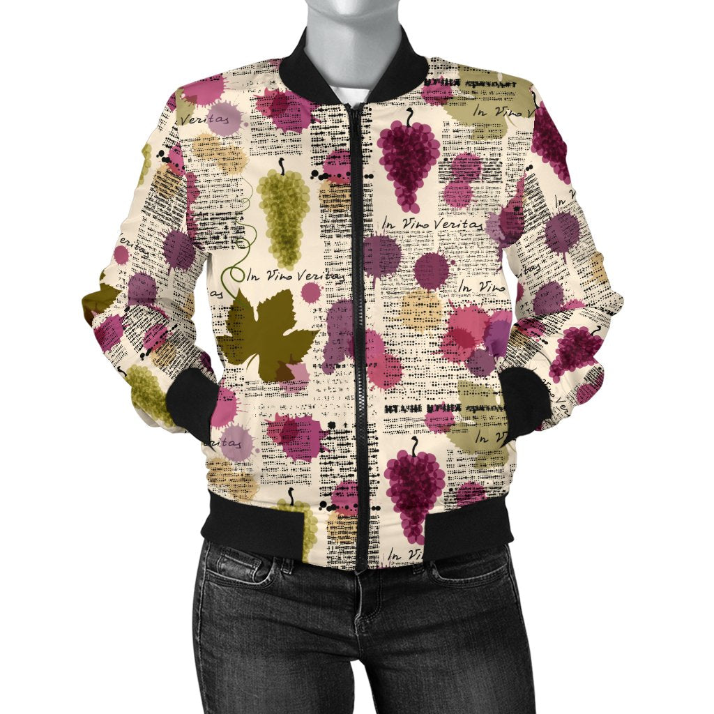 Wine Style Design Print Women Casual Bomber Jacket