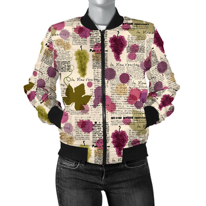 Wine Style Design Print Women Casual Bomber Jacket