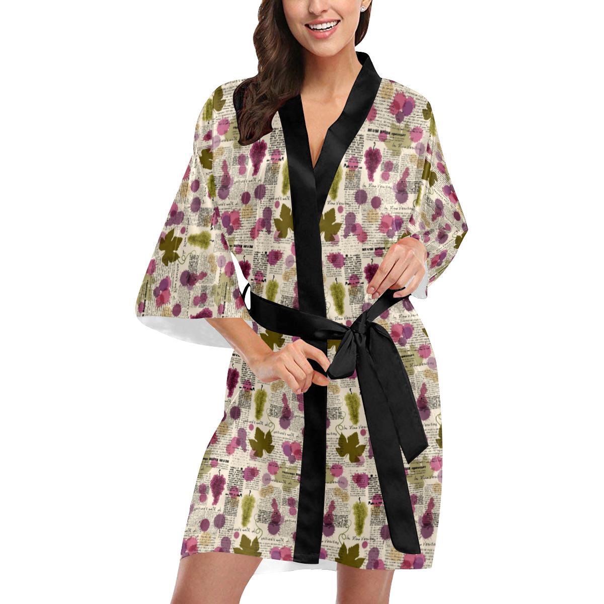 Wine Style Design Print Women Short Kimono Robe