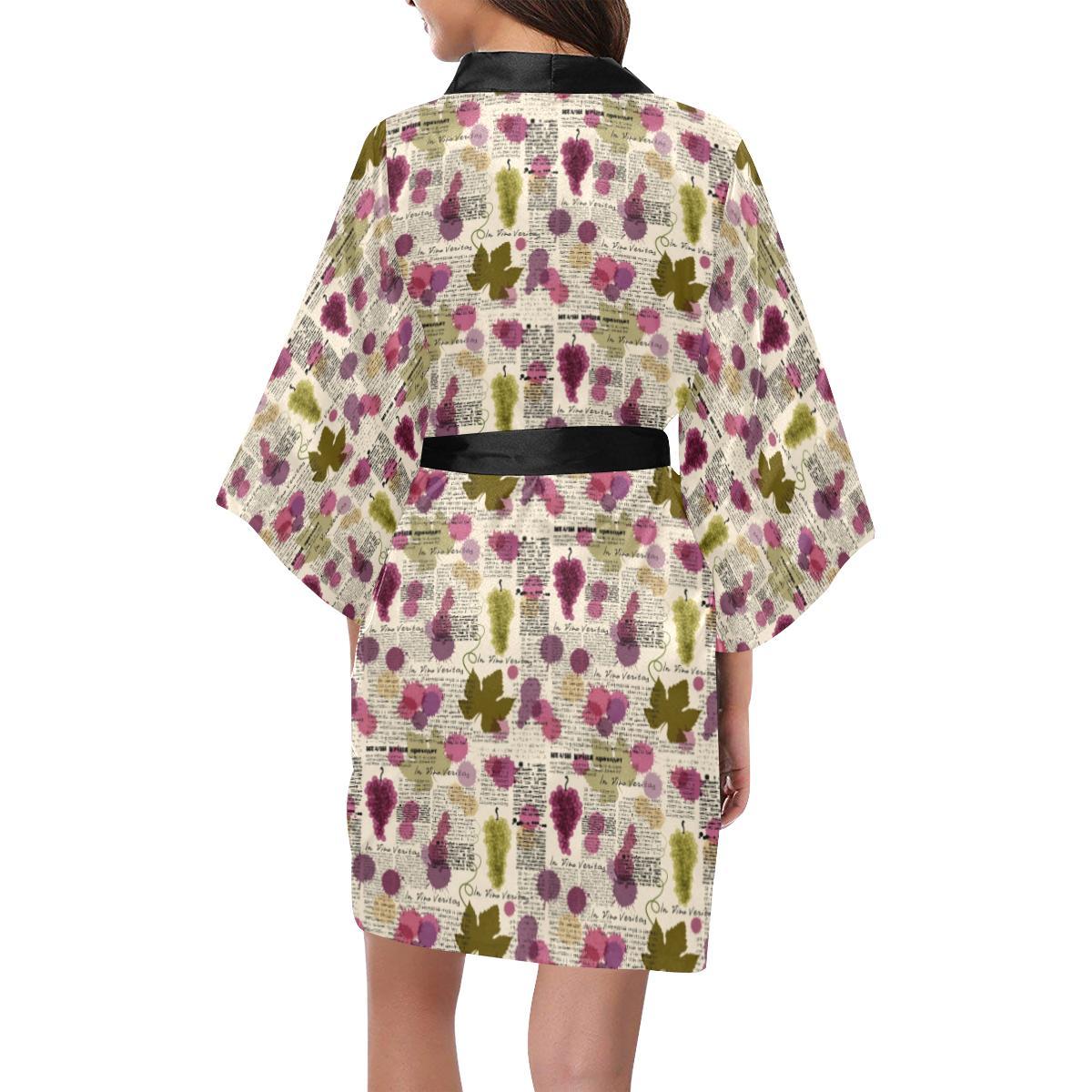 Wine Style Design Print Women Short Kimono Robe