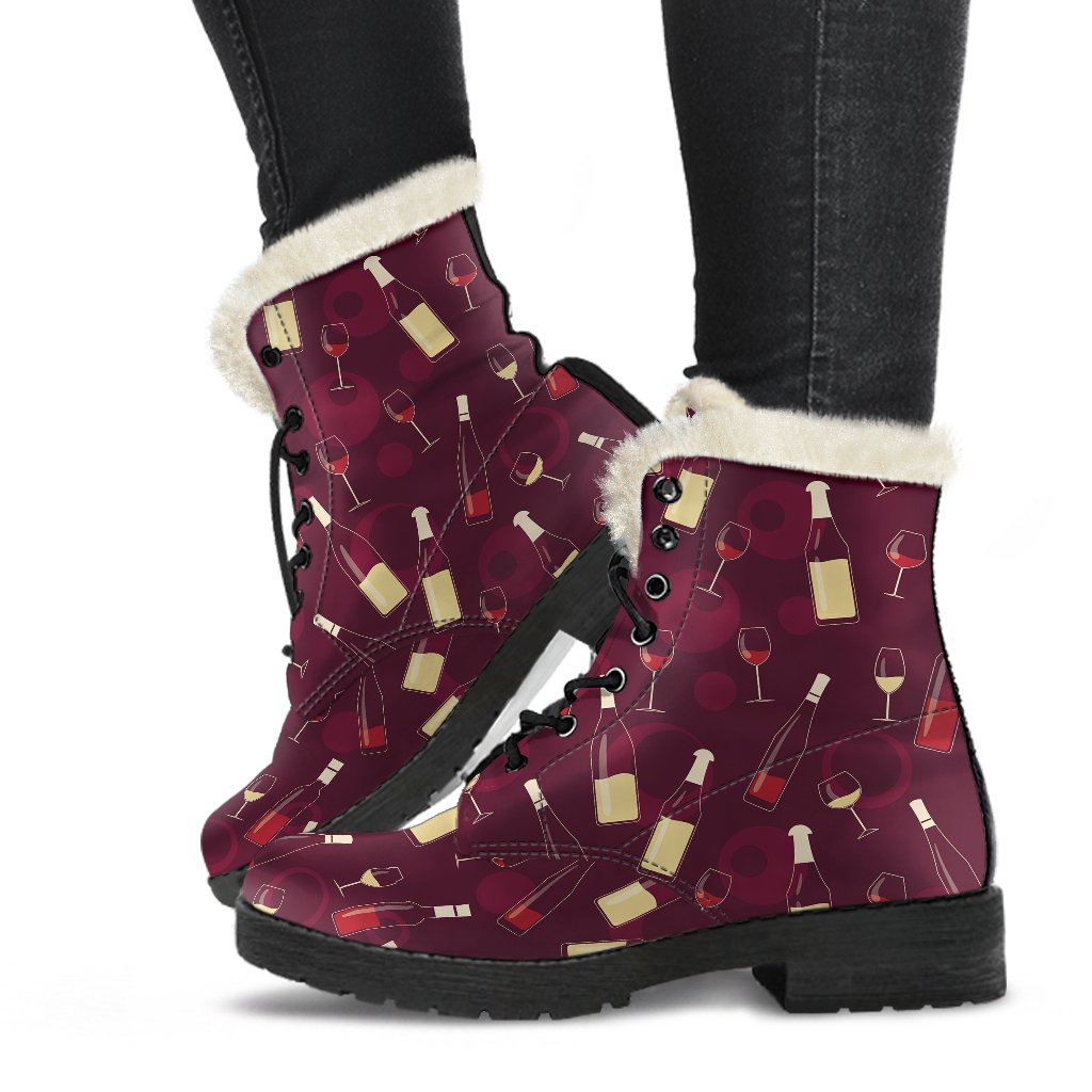 Wine Themed Pattern Print Faux Fur Leather Boots-JTAMIGO.COM