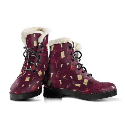 Wine Themed Pattern Print Faux Fur Leather Boots-JTAMIGO.COM