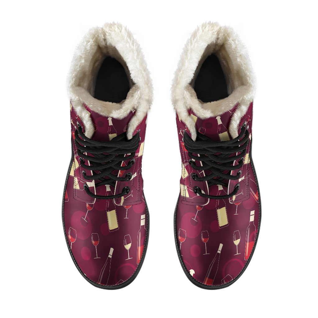 Wine Themed Pattern Print Faux Fur Leather Boots-JTAMIGO.COM