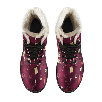 Wine Themed Pattern Print Faux Fur Leather Boots-JTAMIGO.COM
