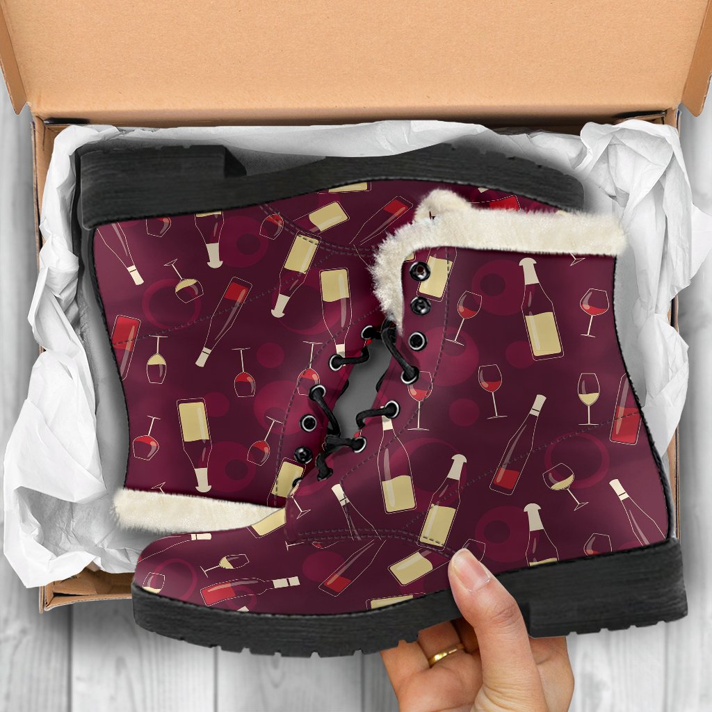 Wine Themed Pattern Print Faux Fur Leather Boots-JTAMIGO.COM
