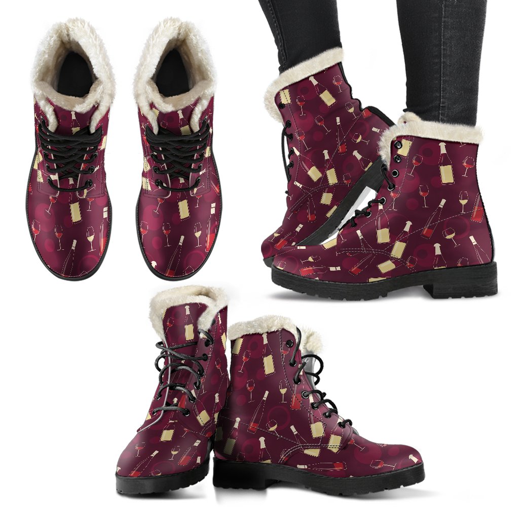 Wine Themed Pattern Print Faux Fur Leather Boots-JTAMIGO.COM