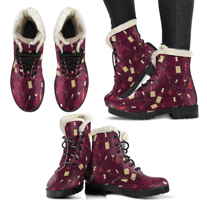 Wine Themed Pattern Print Faux Fur Leather Boots-JTAMIGO.COM