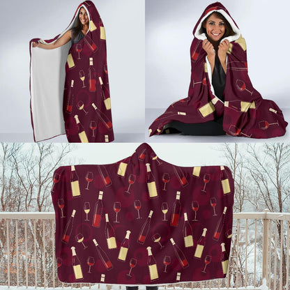 Wine Themed Pattern Print Hooded Blanket-JTAMIGO.COM