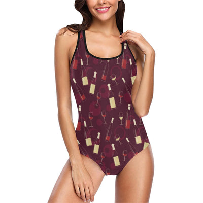 Wine Themed Pattern Print One Piece Swimsuit-JTAMIGO.COM