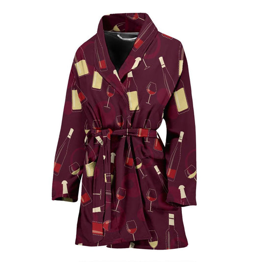 Wine Themed Pattern Print Women Bath Robe-JTAMIGO.COM