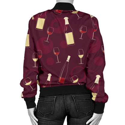 Wine Themed Pattern Print Women Casual Bomber Jacket